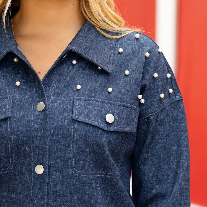 50122 - Pearl Embellished Denim Style Shirt