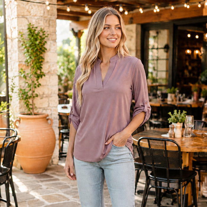 50350 – Pink Ribbed 3/4 Sleeve V-Neck Top