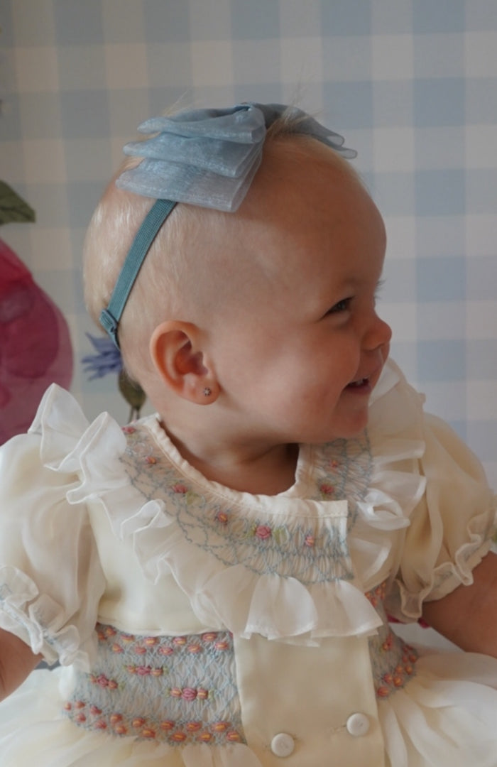 Allie Bow Dusty Blue Organza Headband Wrap