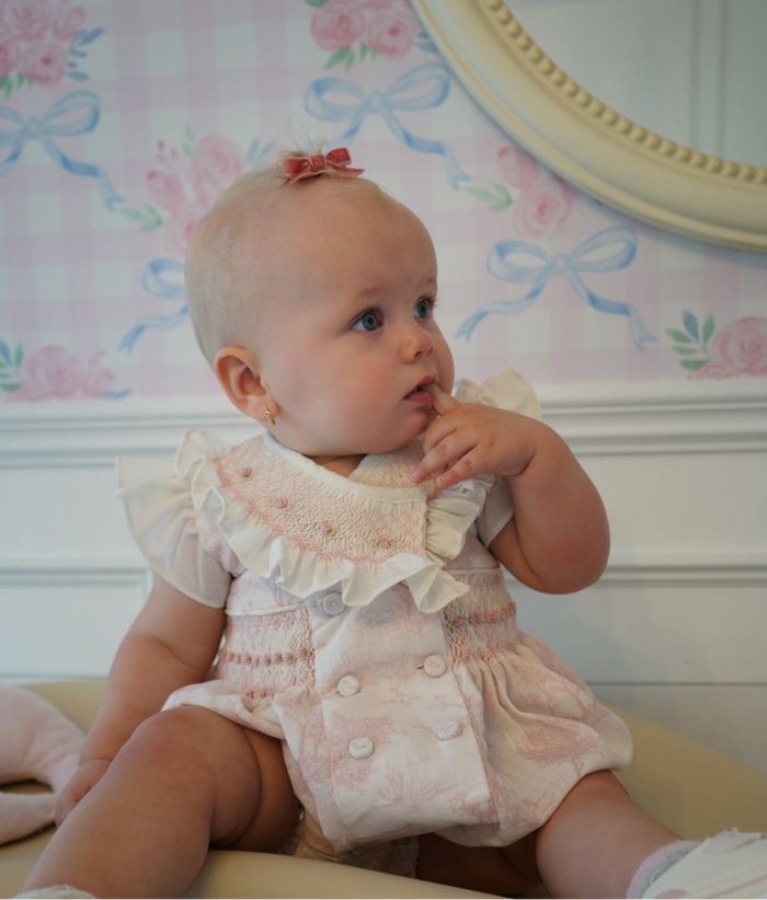 Arabella Toile de Jouy Light Pink Handsmocked Romper