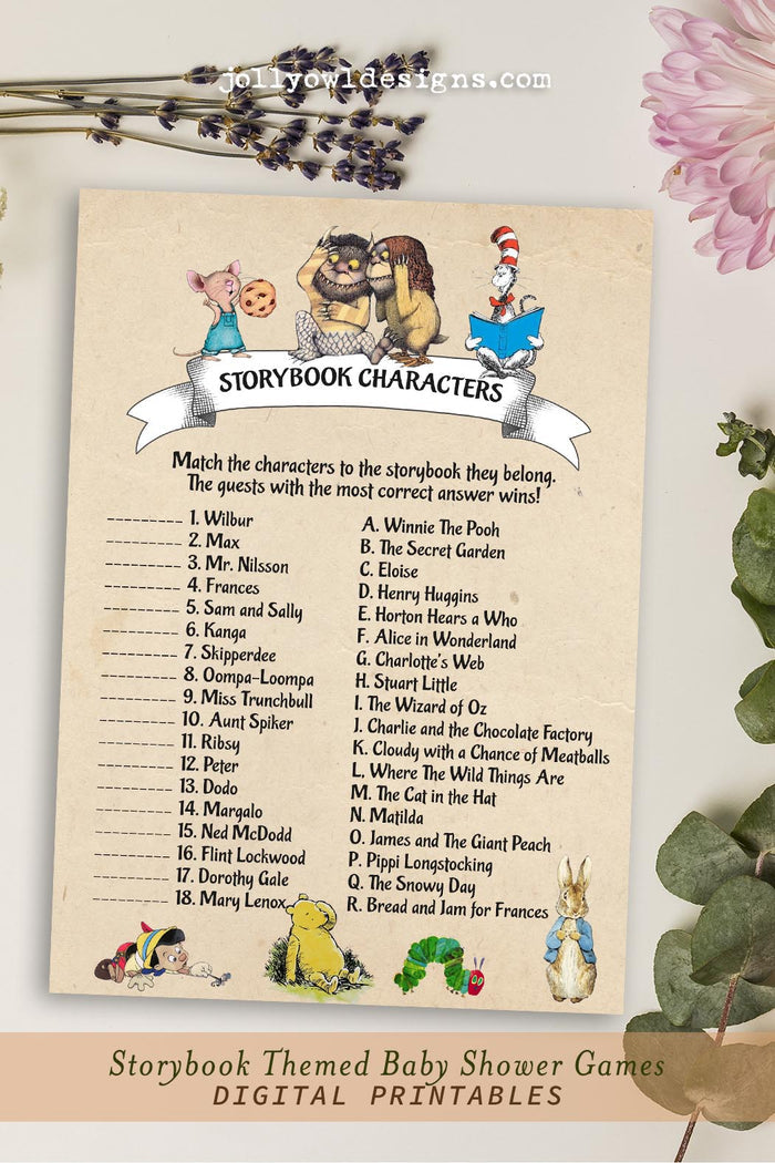 Book Themed Baby Shower Game - Character Match - Jolly Owl Designs