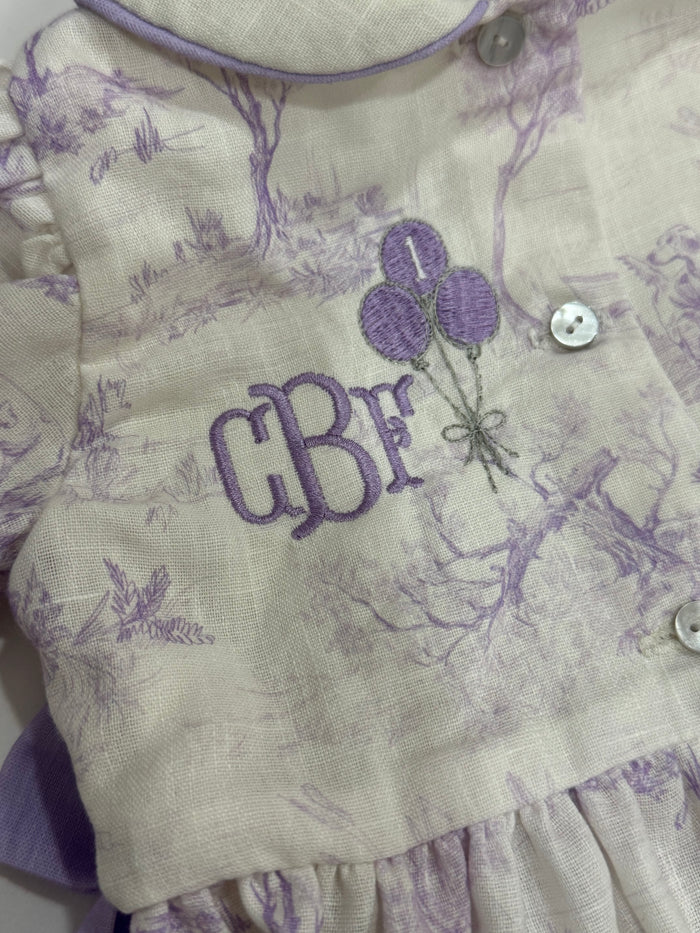 Claudia Bows Toile de Jouy Lilac Handsmocked Romper