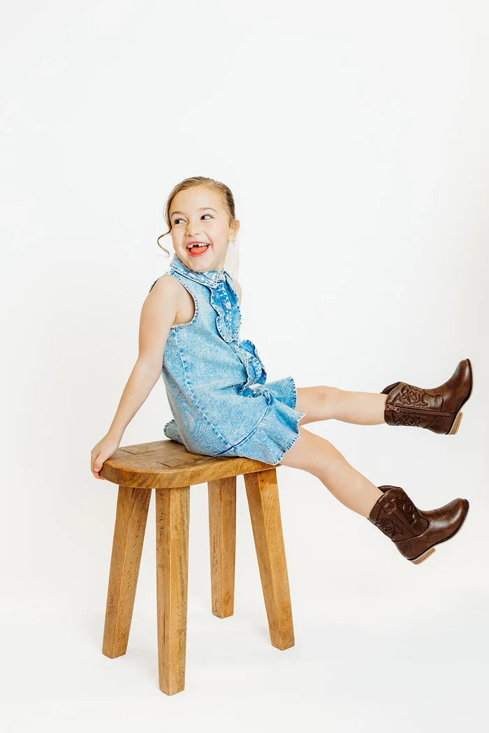 Crystal Collar Denim Ruffle Dress