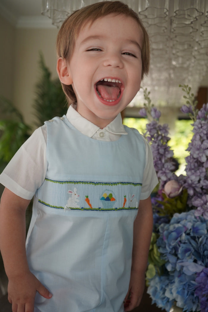 Greg Bunnies Light Blue Handsmocked 2-pc Shortall