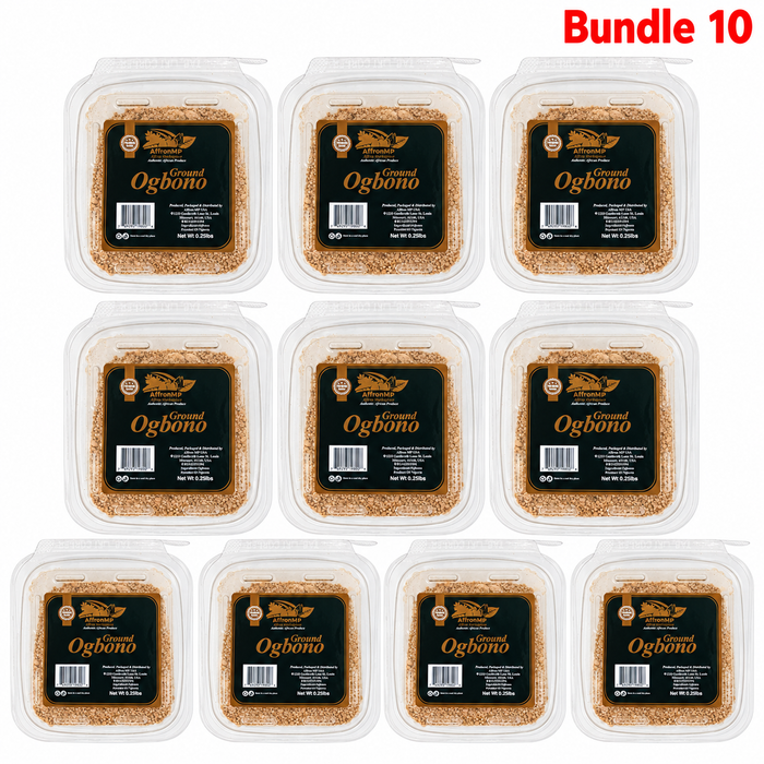 Ground Ogbono in branded packaging, finely ground African bush mango seeds used as a natural soup thickener, ideal for preparing rich, flavorful Nigerian ogbono soup and traditional West African dishes.