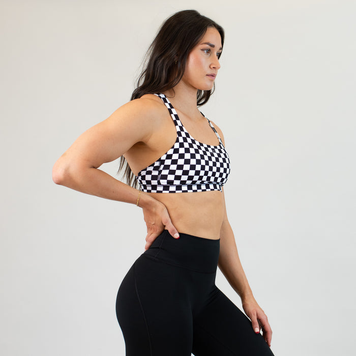 Black White Check High Support Scoop Neck Sports Bra - Isla