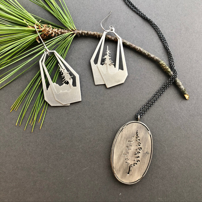 Layered Conifer Tree and Mountain Earrings