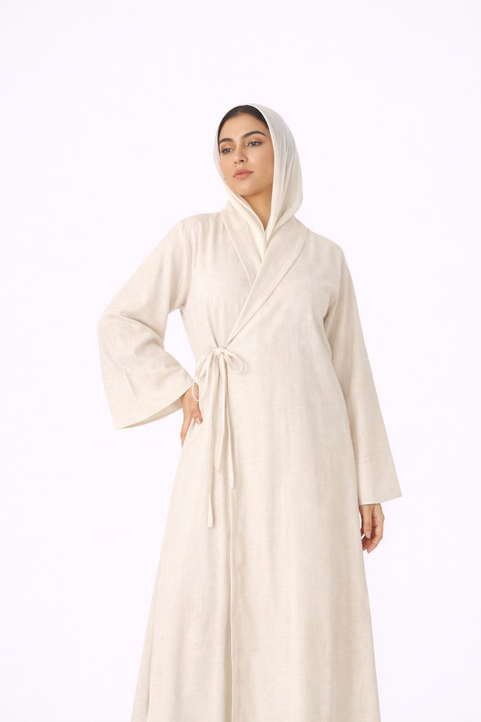 Linen Wrap Abaya - Cream Pinstripe