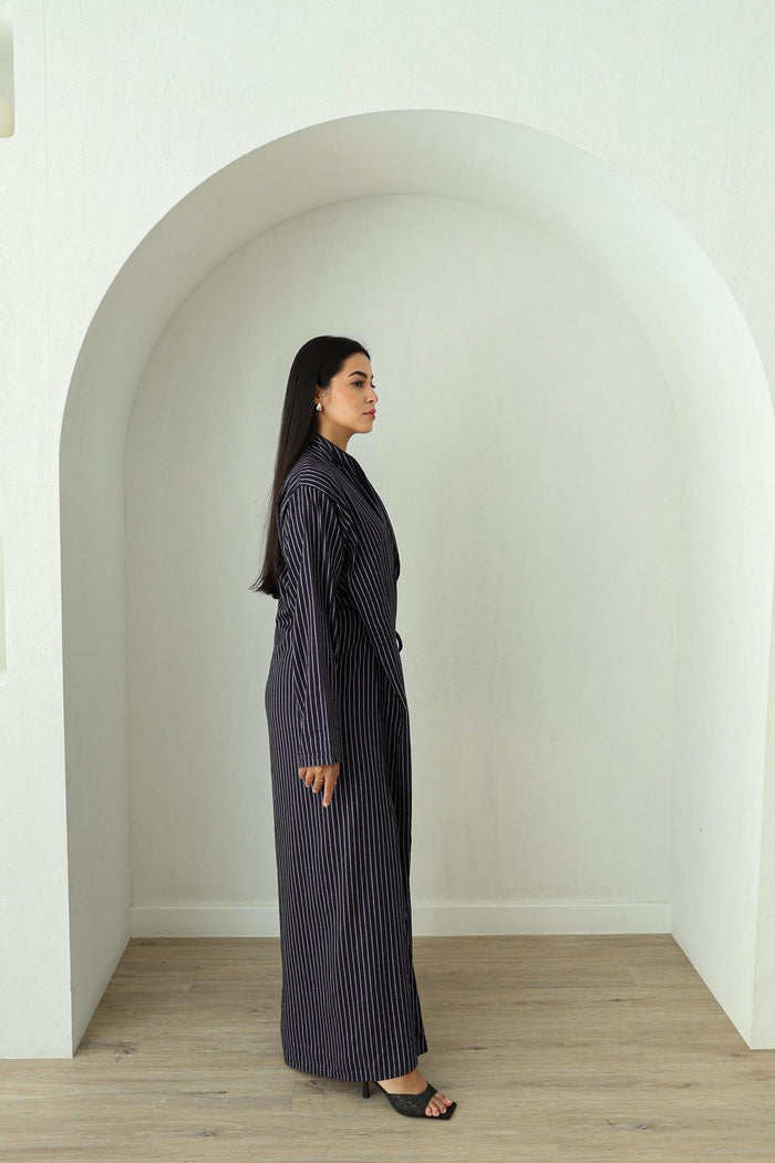 Linen Wrap Abaya - Navy Pinstripe