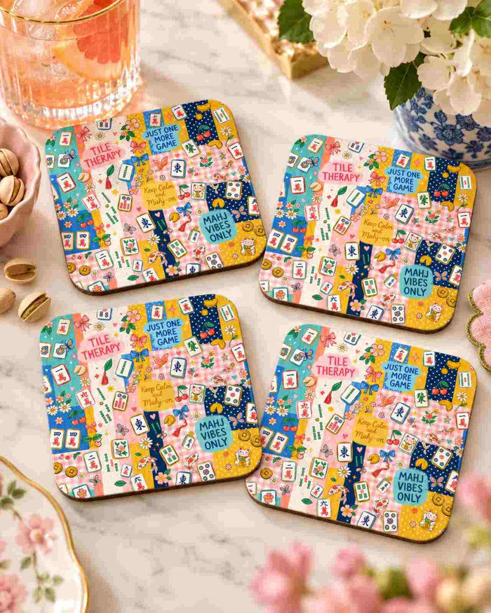 Set of 4 colorful mahjong coasters with card pattern, rounded edges