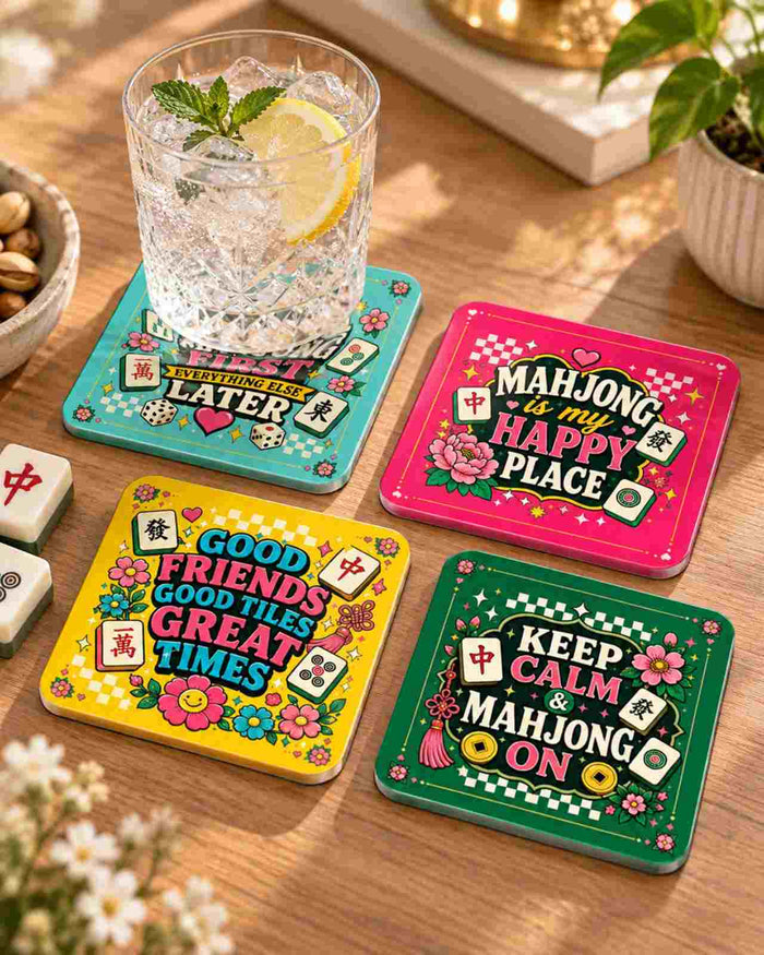 Set of four mahjong-themed coasters, colorful square designs with readable sayings