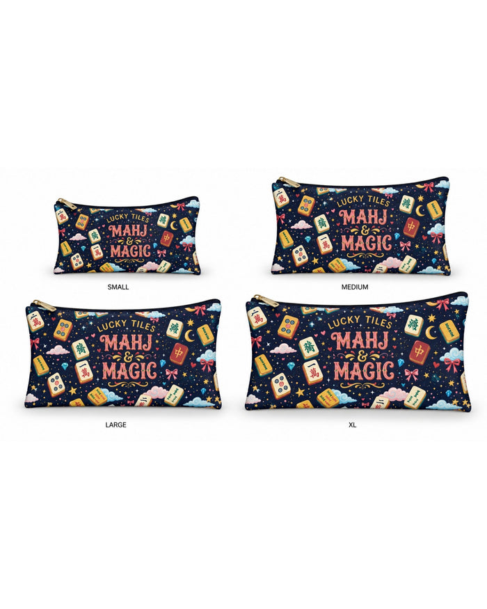 Four navy Mahjong Magic graphic zipper pouches: small, medium, large, XL