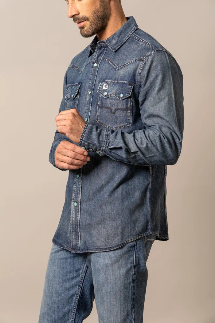 Dark blue denim snap-front shirt with chest flap pocket, long sleeves