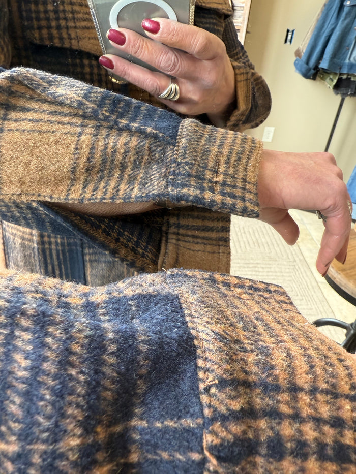 Plaid hooded coat sleeve and hem