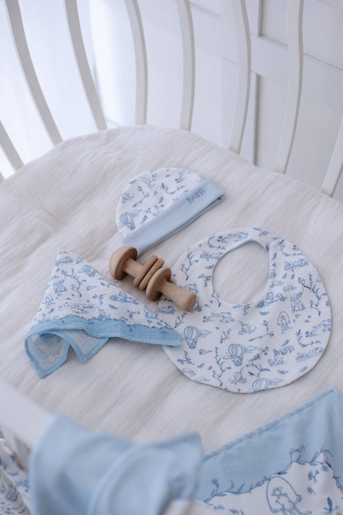 Newborn Bib & Hat Set - Toile De Jouy / Blue