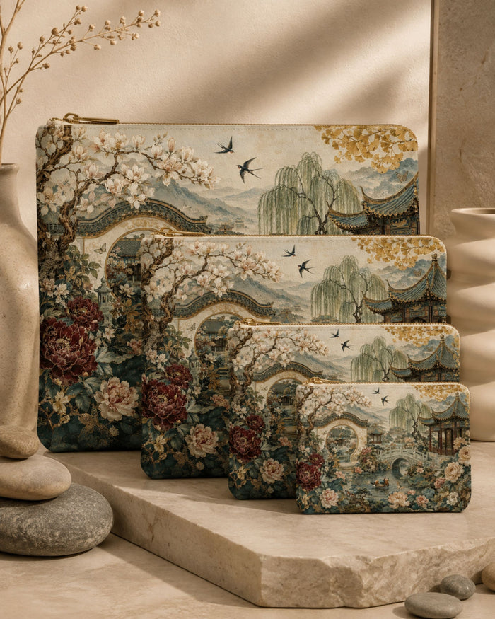Crane print vegan leather zipper pouch set with three sizes, multipurpose organizer