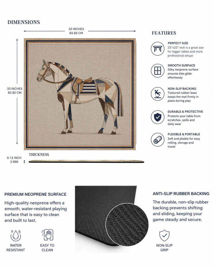 Table game mat with horse graphic, shown with non-slip rubber backing detail