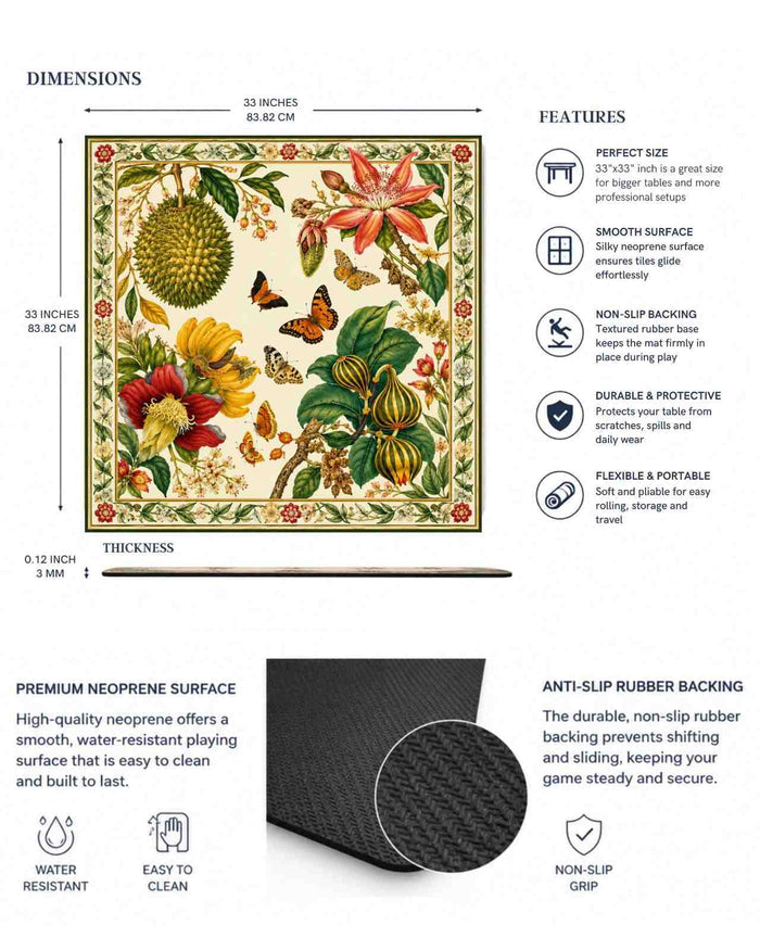 33x33 tropical floral game mat with non-slip rubber backing and smooth neoprene surface