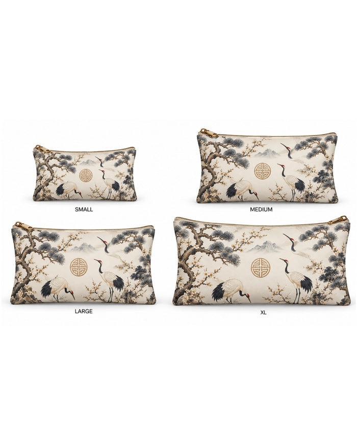 Vegan leather zipper pouch organizer with bird and tree print, small to XL, gold zipper