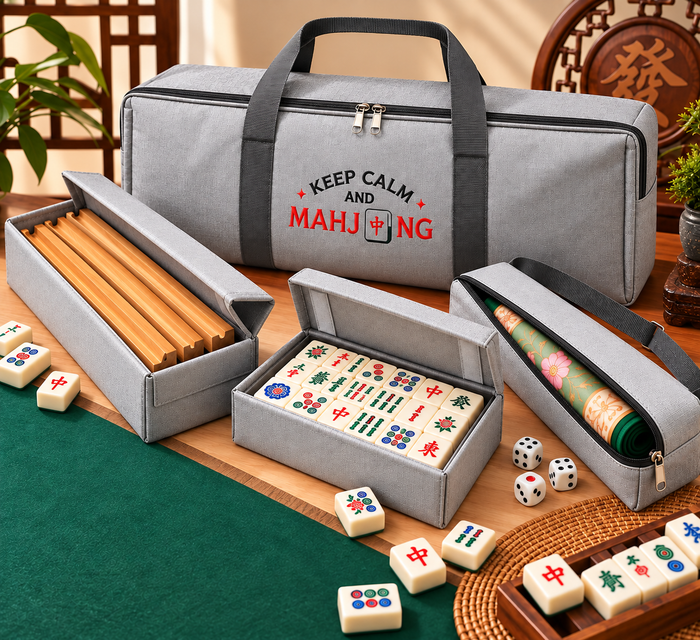 Grey mahjong carry bag with printed slogan, open tile case and mat holder pouch