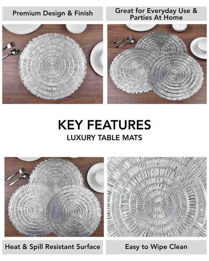 Round woven metallic table mats, two-piece concentric circle design, silver tone