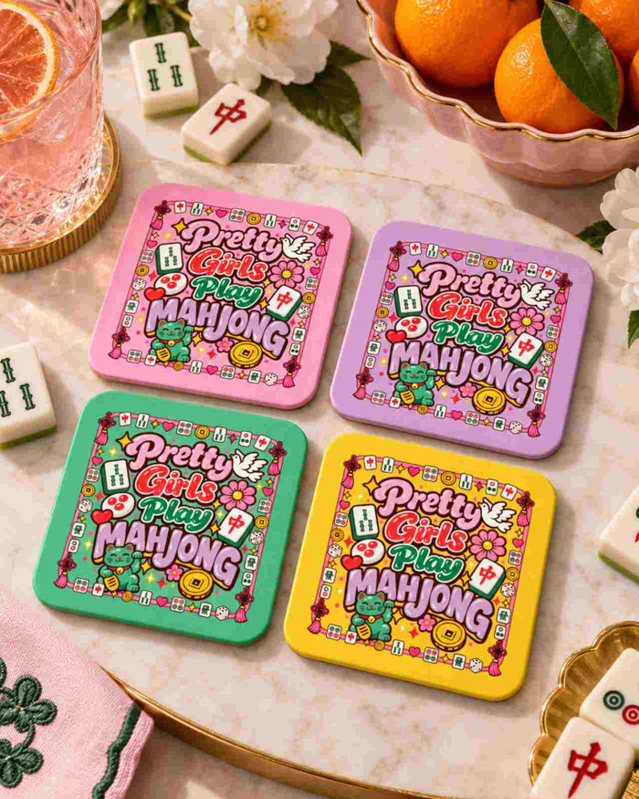 Pretty Girls Mahjong coaster set of 4, pink, green, yellow, square cards with play icons