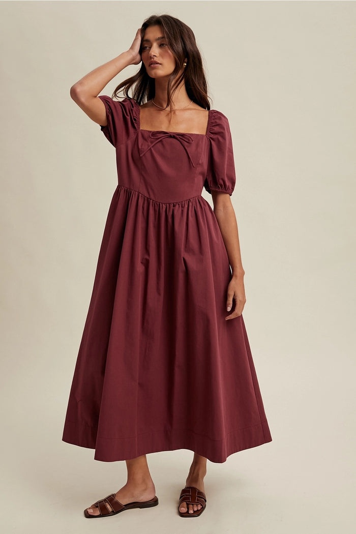 Puff Sleeve Midi Dress- Merlot
