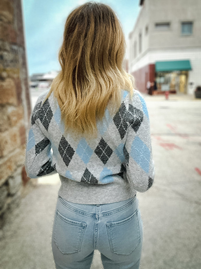 Sadie & Sage Blue Fog Argyle Sweater