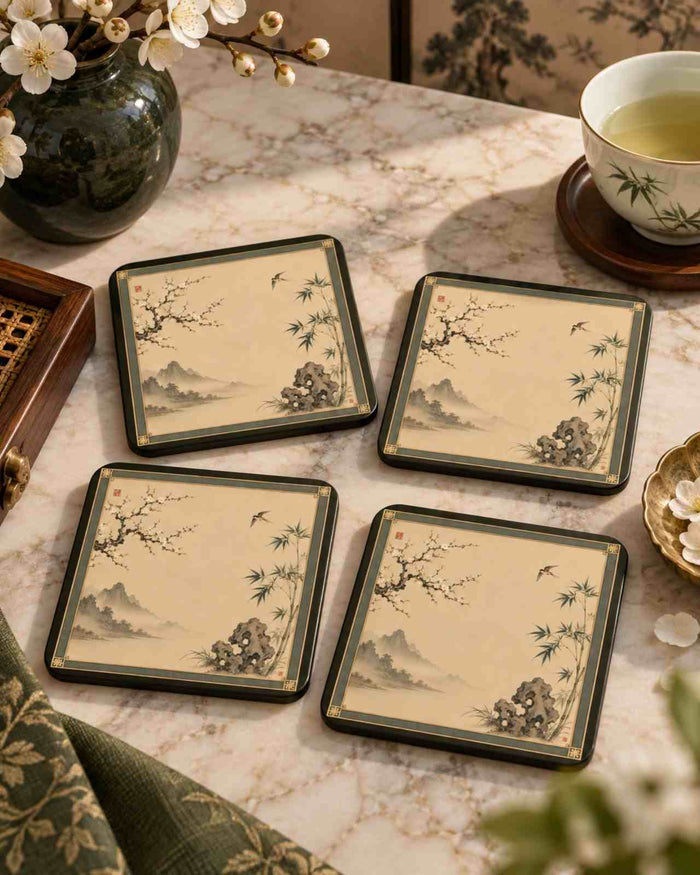 Set of 4 square mahjong-style coasters with black border, beige landscape and bamboo accents