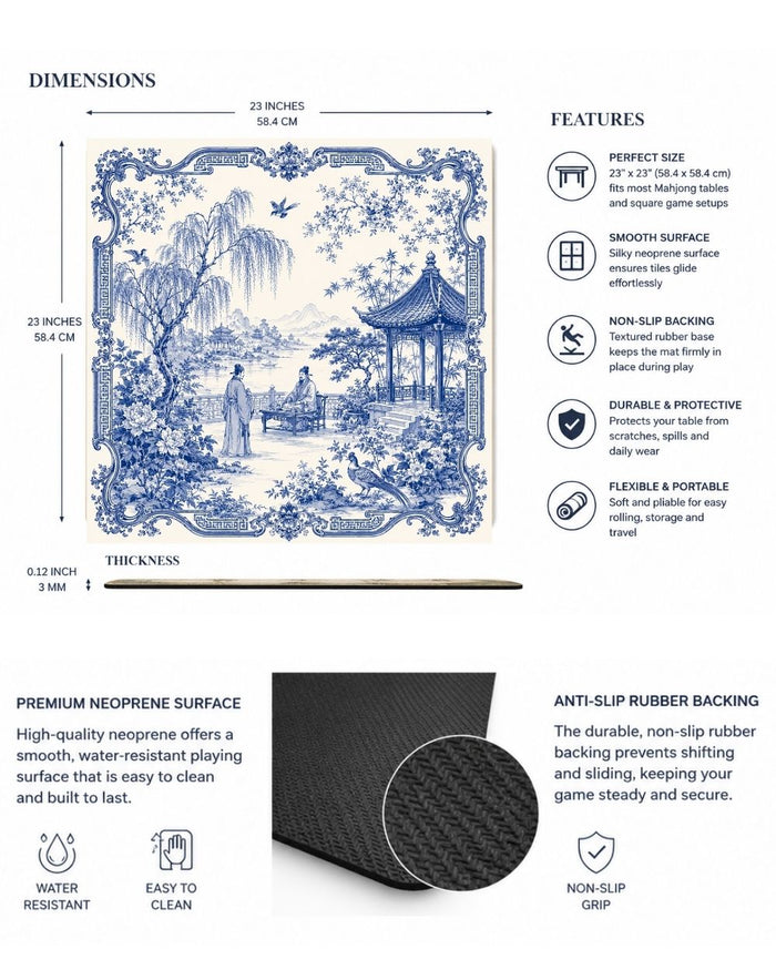 Square mahjong mat with blue-and-white illustration; textured non-slip rubber backing