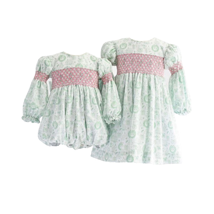 Toile Fairytale Green Handsmocked Girl Dress
