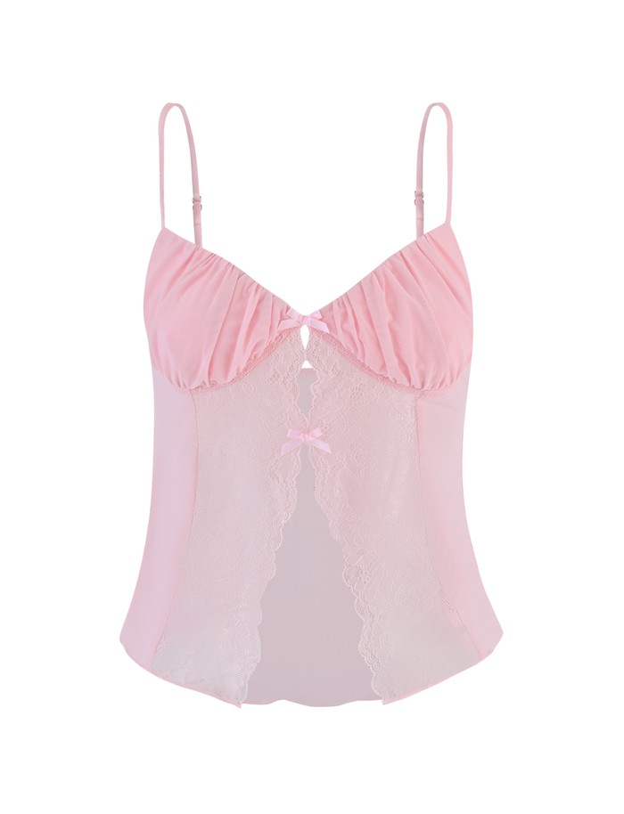 The TIGERMIST TYSON TOP in baby pink features lace front panels, thin adjustable straps, two decorative bows, and is crafted from soft, slightly sheer stretchy mesh for an elegant and feminine look.