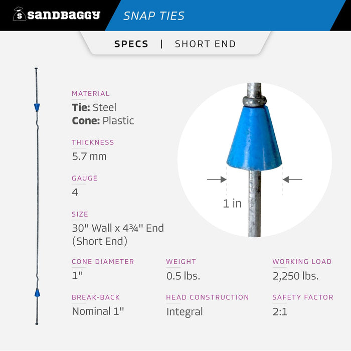 30" x 4 ¾" Standard Snap Ties For Concrete Forms (Short End) - 1" Plastic Cones