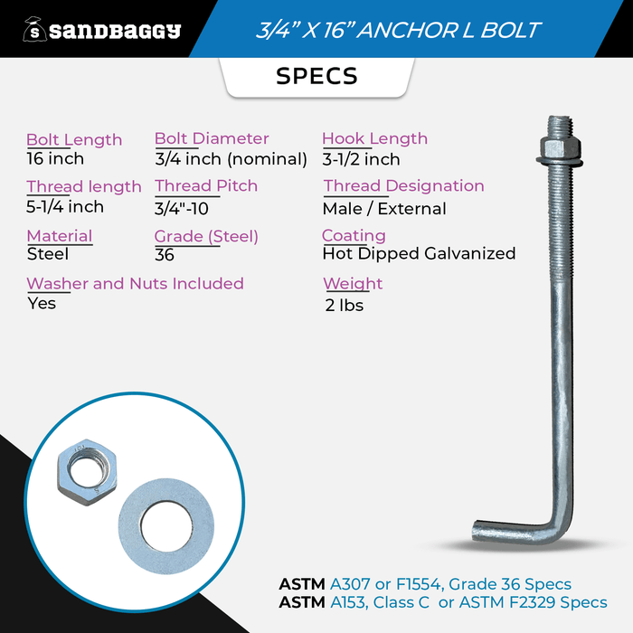 Anchor L Bolts 3/4" x 16"