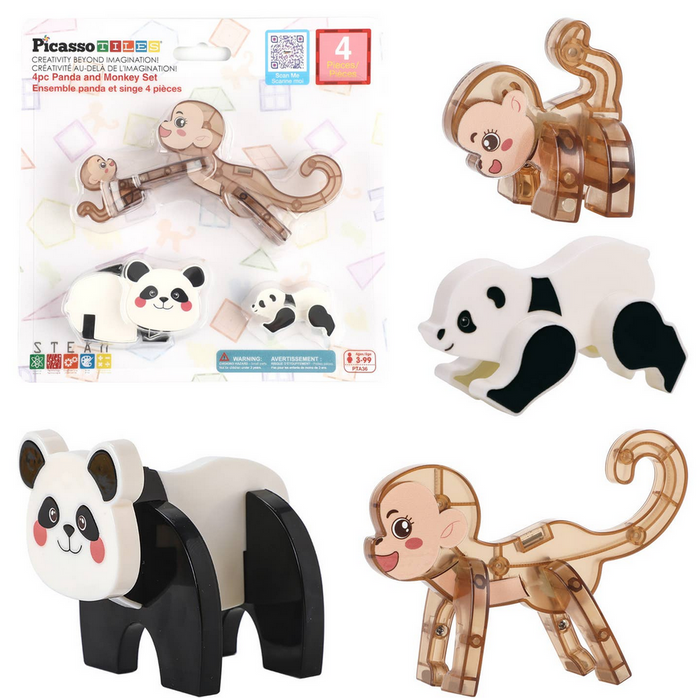*4 Pieces Magnetic Panda & Monkey Parent and Baby Characters Playset