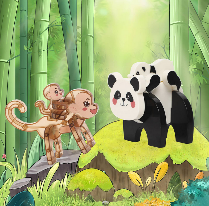 *4 Pieces Magnetic Panda & Monkey Parent and Baby Characters Playset