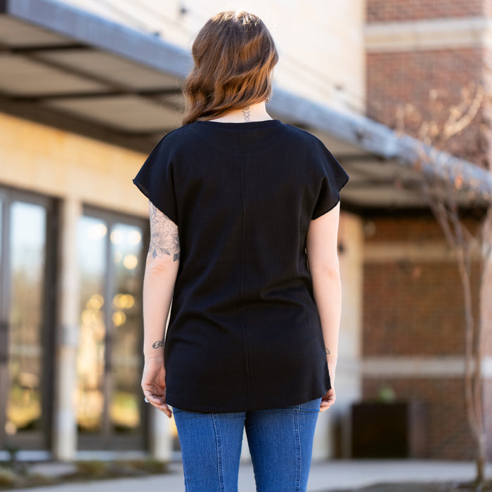50050 - Solid Waffle Knit Half Sleeve Top - Black