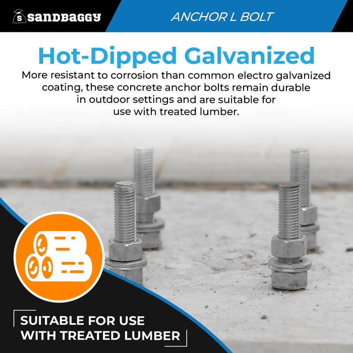 5/8" x 10" Threaded Concrete Anchor L-Bolts (Nuts & Washers Included) - Galvanized
