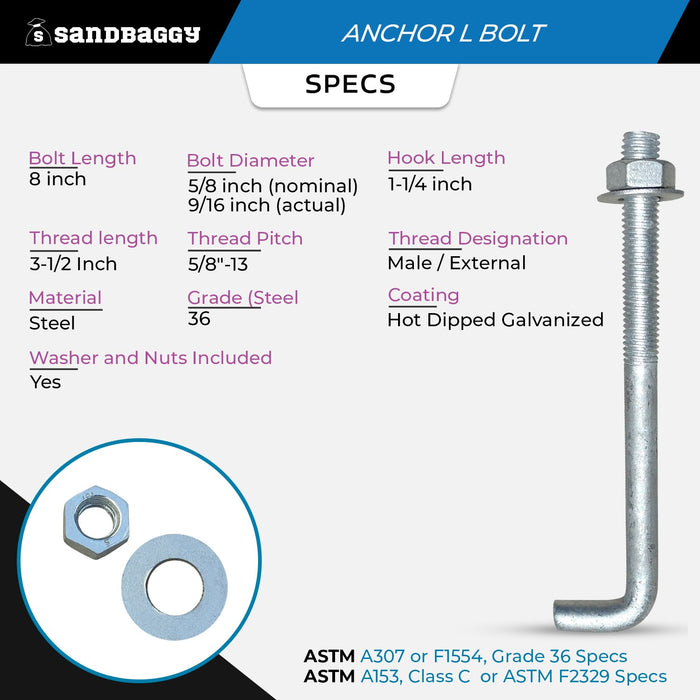5/8" x 8" Threaded Concrete Anchor L-Bolts (Nuts & Washers Included) - Galvanized