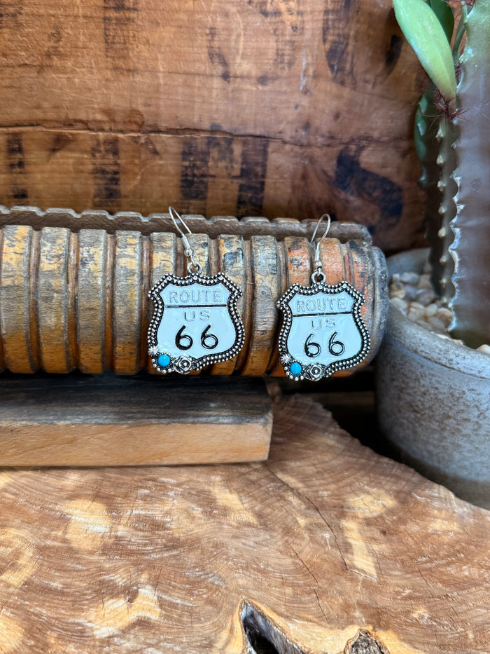 Silver-tone Route 66 earrings with turquoise bead accents and 'ROUTE US 66' front