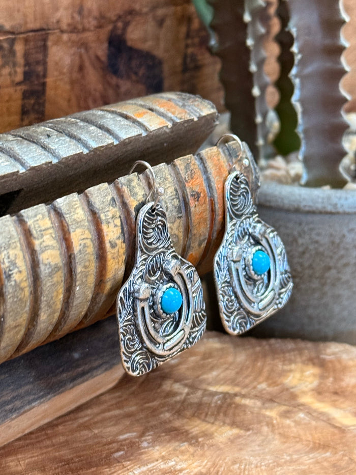 Turquoise cabochon silver horseshoe ear tag earrings, ornate etched teardrop shapes