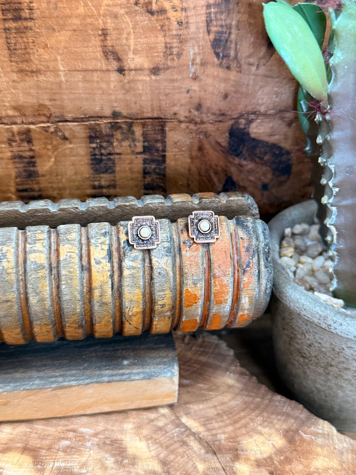 Copper Aztec stud earrings, square settings with circular center detail