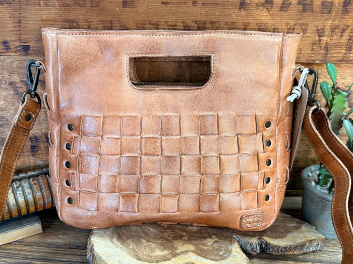 Bed Stu Keiki tan leather crossbody bag with front flap pocket and adjustable strap