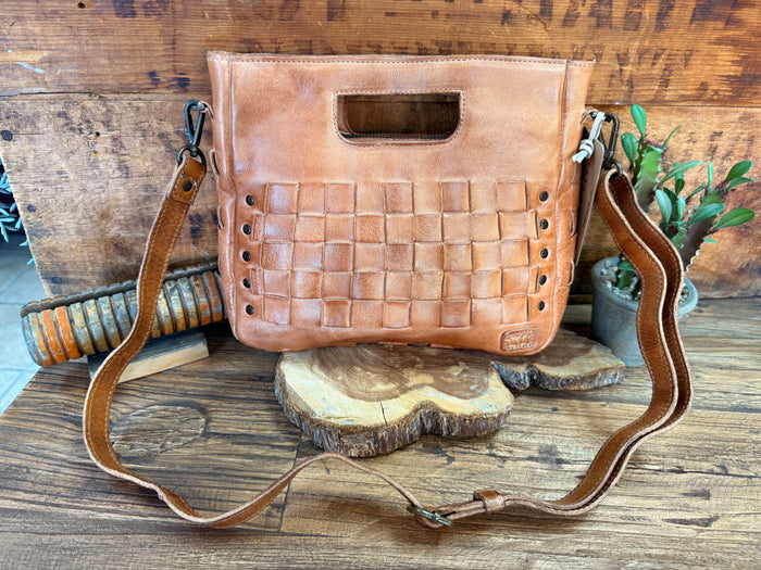 Bed Stu Keiki tan leather crossbody bag with woven front panel and top carry handle