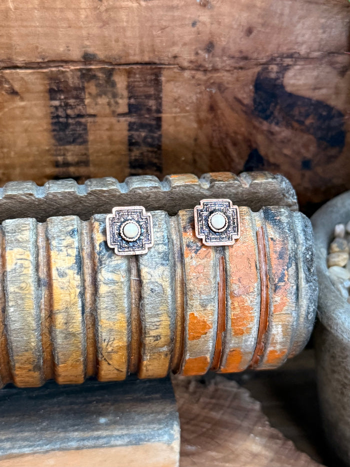 Copper Aztec stud earrings, two square studs with round textured center