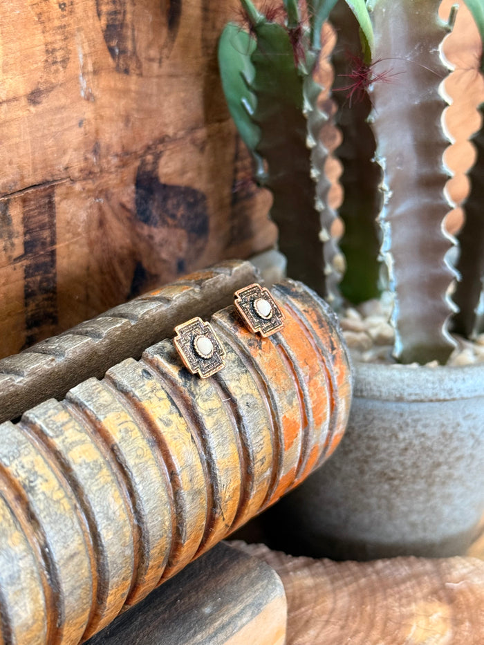Copper Aztec stud earrings, pair of square motif studs with ring center