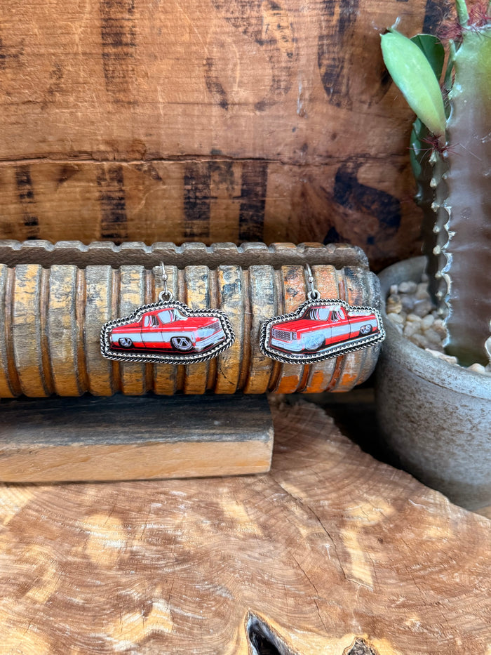 Silver rope-framed truck earrings with red and white enamel, small stud style