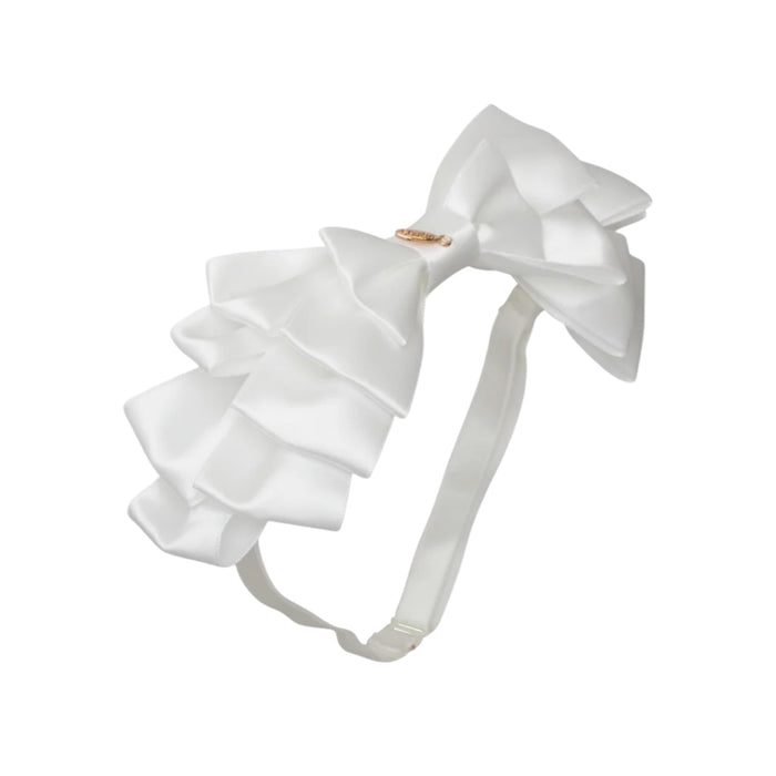 Amal Pleated Ribbon White Satin Bow Headwrap