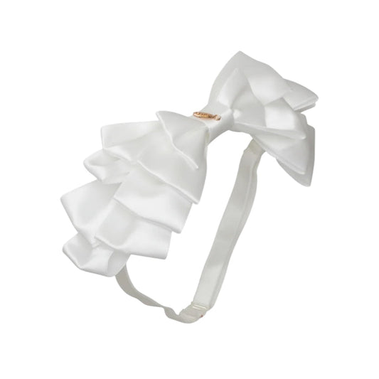 Amal Pleated Ribbon White Satin Bow Headwrap