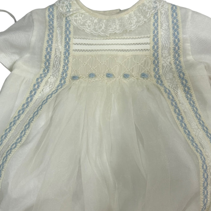 Antonio Ivory/Light Blue Handsmocked Romper with Bonnet